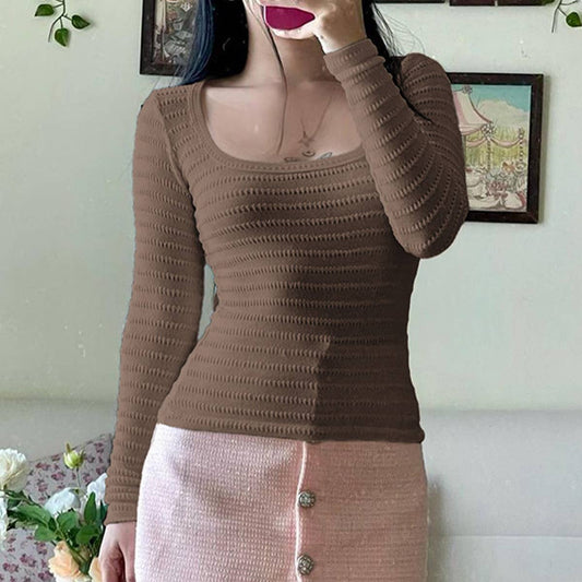 Simple style solid color texture striped square collar top