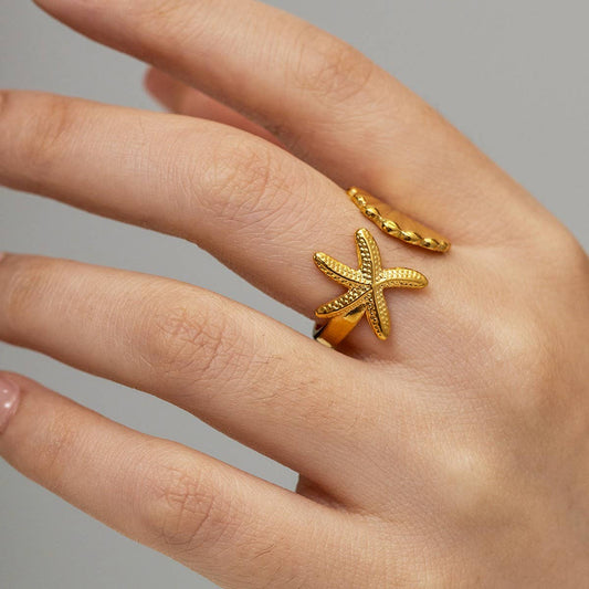 OCEAN SERIES 18K GOLD STAINLES STEEL STARFISH RING_CWAJE1228