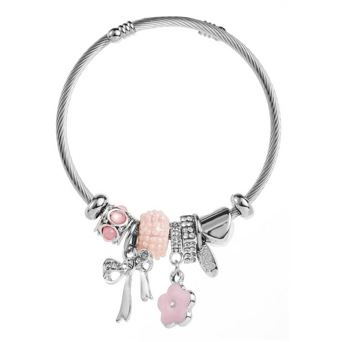 Silver Steel Bracelet with Bow & Flower Charms