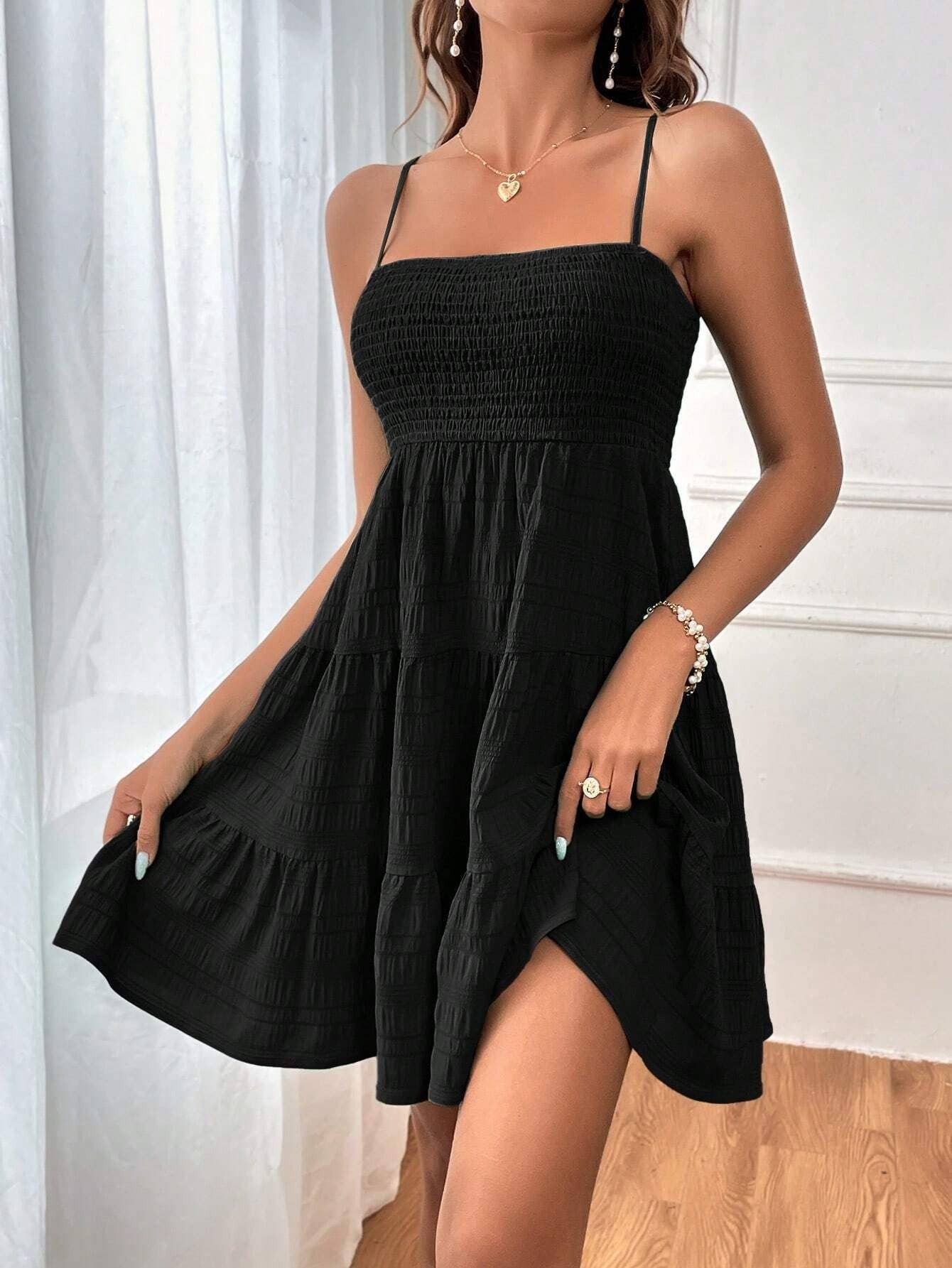 Solid-color textured one-shoulder strappy dress