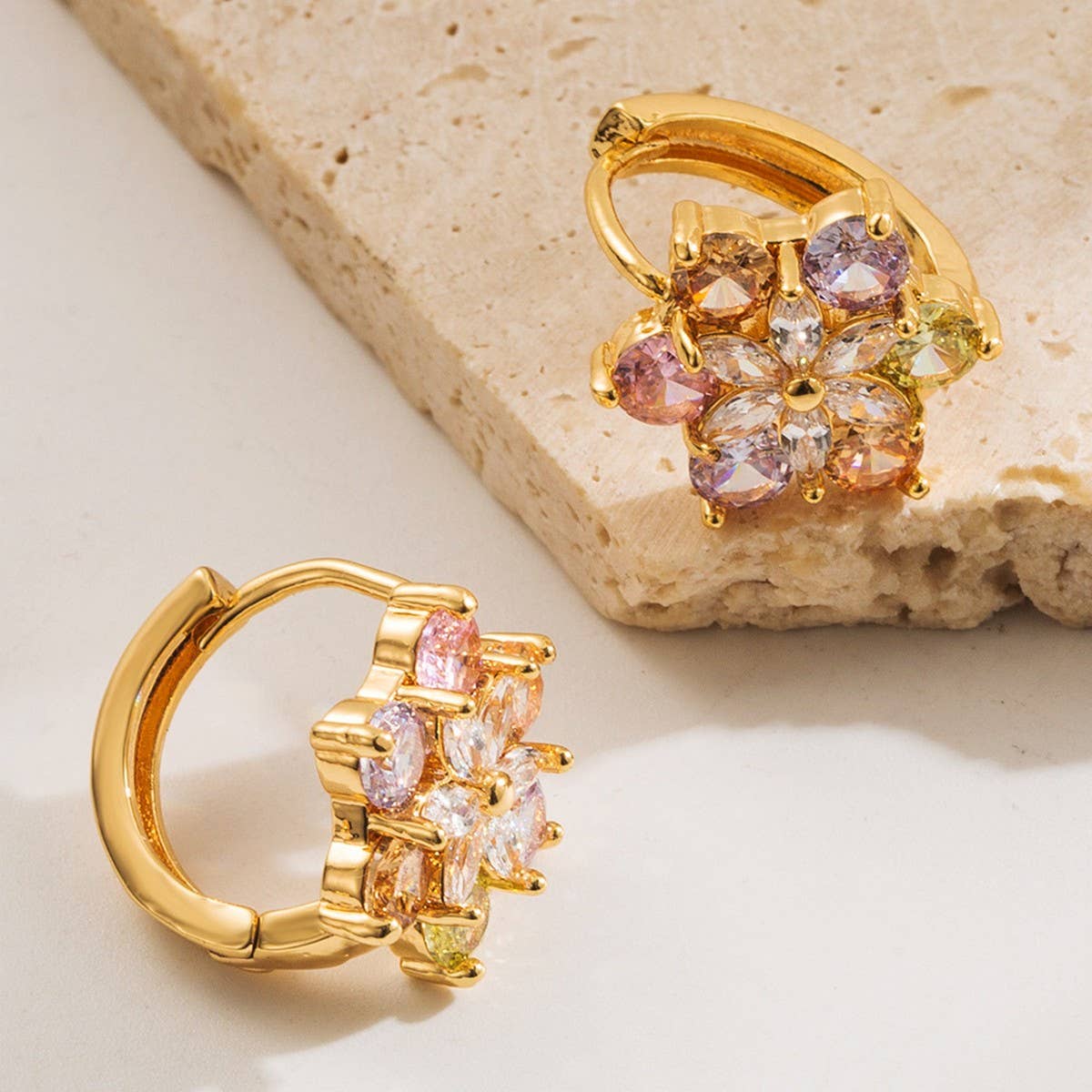 Colorful Flower CZ Hoop Earrings Gold-Plated Brass
