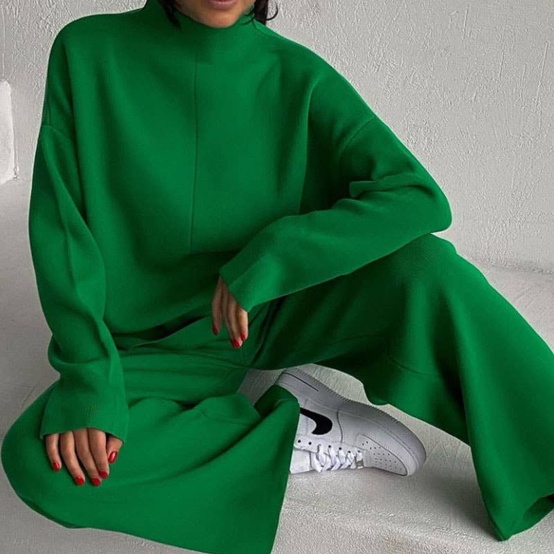 LONG SLEEVE LOOSE SWEATER KNIT TOP PANT SUIT
