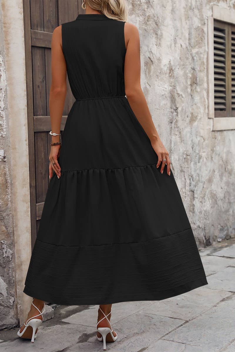 CWDMD5280_V-NECK SOLID SLEEVELESS STAND COLLAR A-LINE DRESS