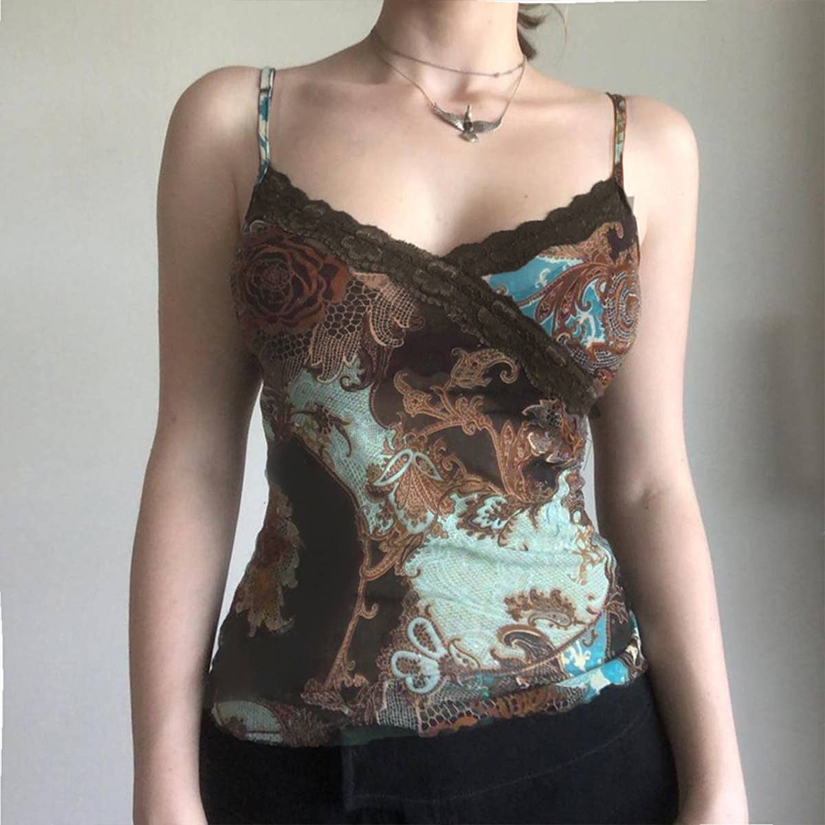 V-neck Slim Vintage print Lace Halter top