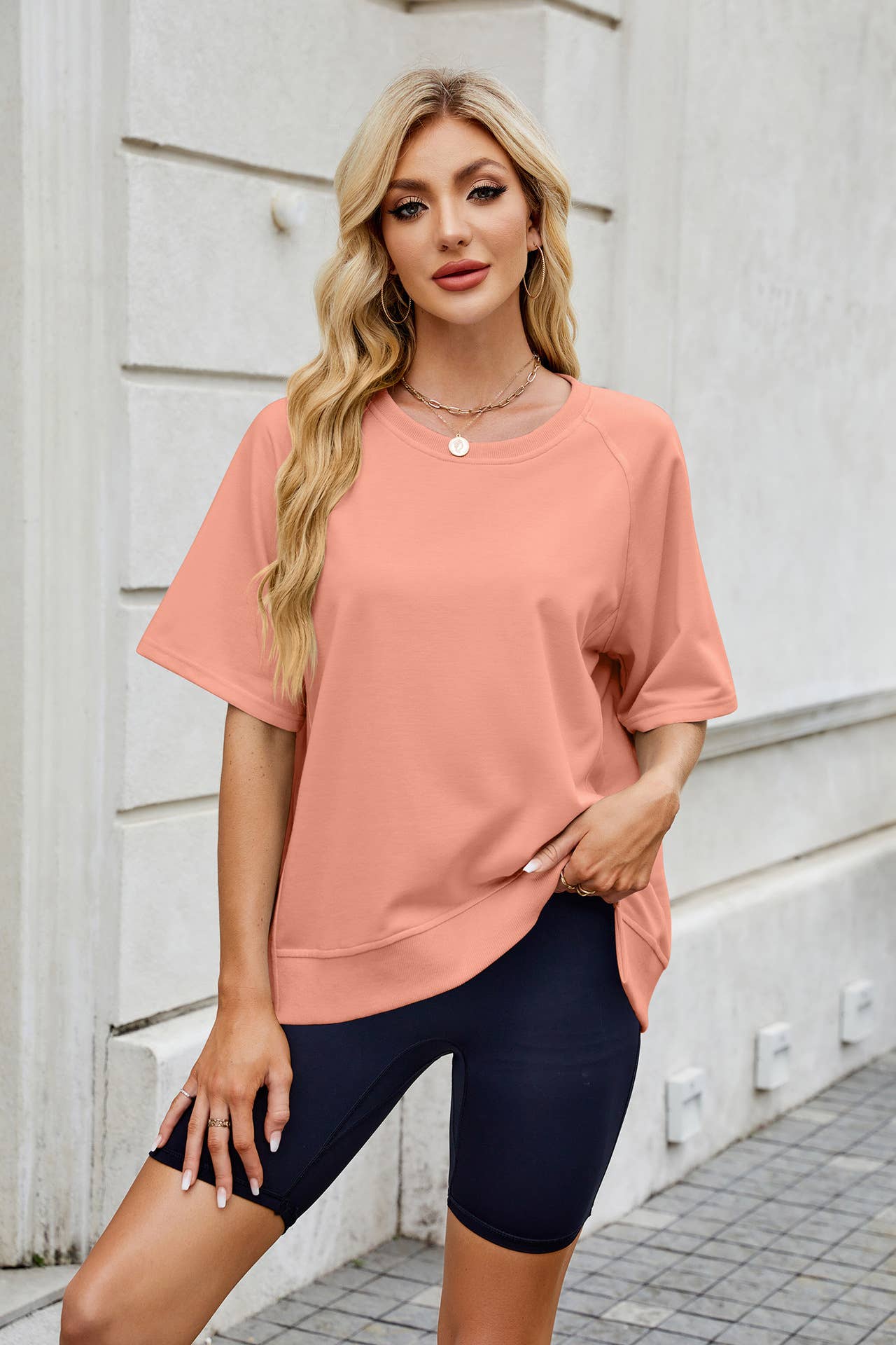 Solid color screw-neck loose short-sleeved hoodie