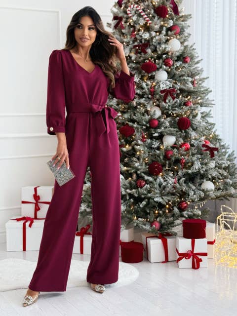 STYLISH V-NECK SOLID COLOR WIDE-LEG JUMPSUIT