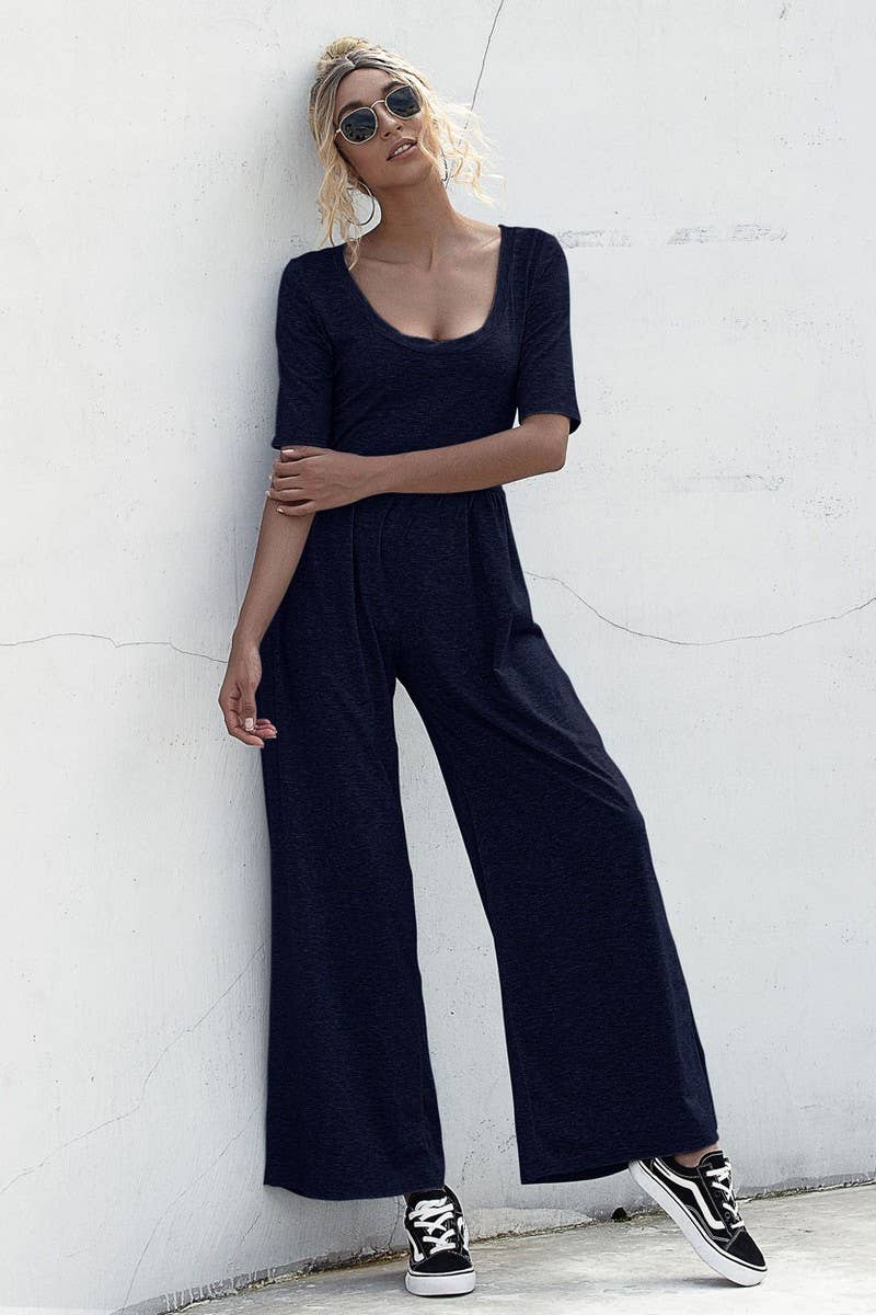 SOLID COLOR SHORT SLEEVED WIDE LEG LOOSE JUMPSUIT_CWSJS0428
