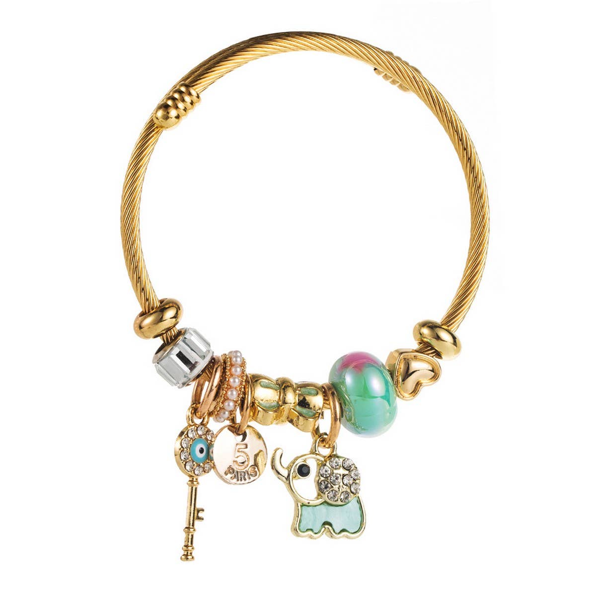 Trendy Elephant Key Letter Beaded Steel Bracelet