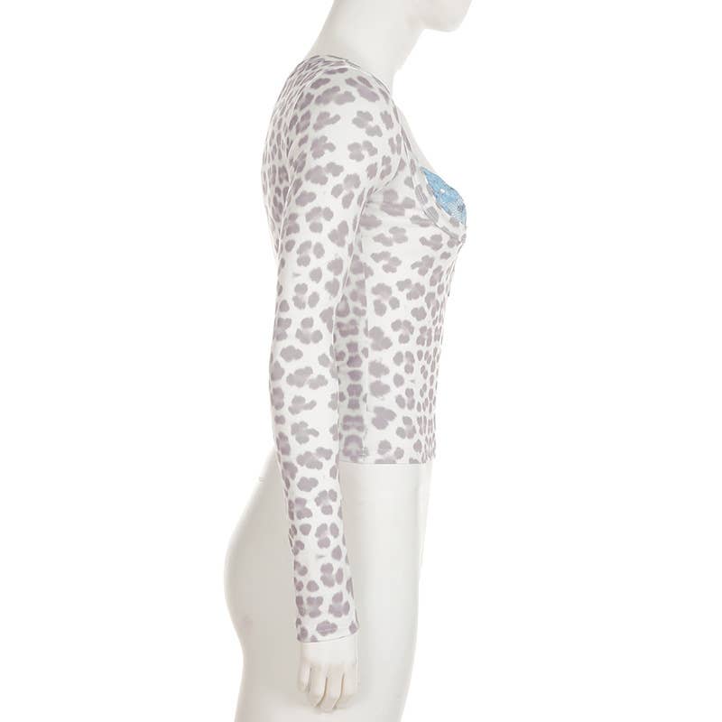 Leopard print lace fake two square collar top