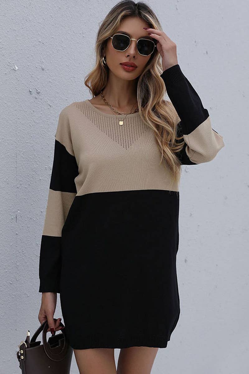 CWDSD7051_ROUND NECK LOOSE KNITTED PATCHWORK SWEATER DRESS