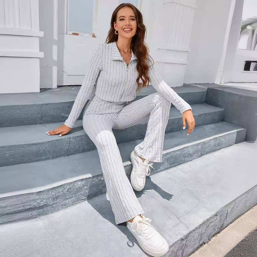 ZIP-UP CARDIGAN WIDE-LEG PANTS TWO-PIECE SET