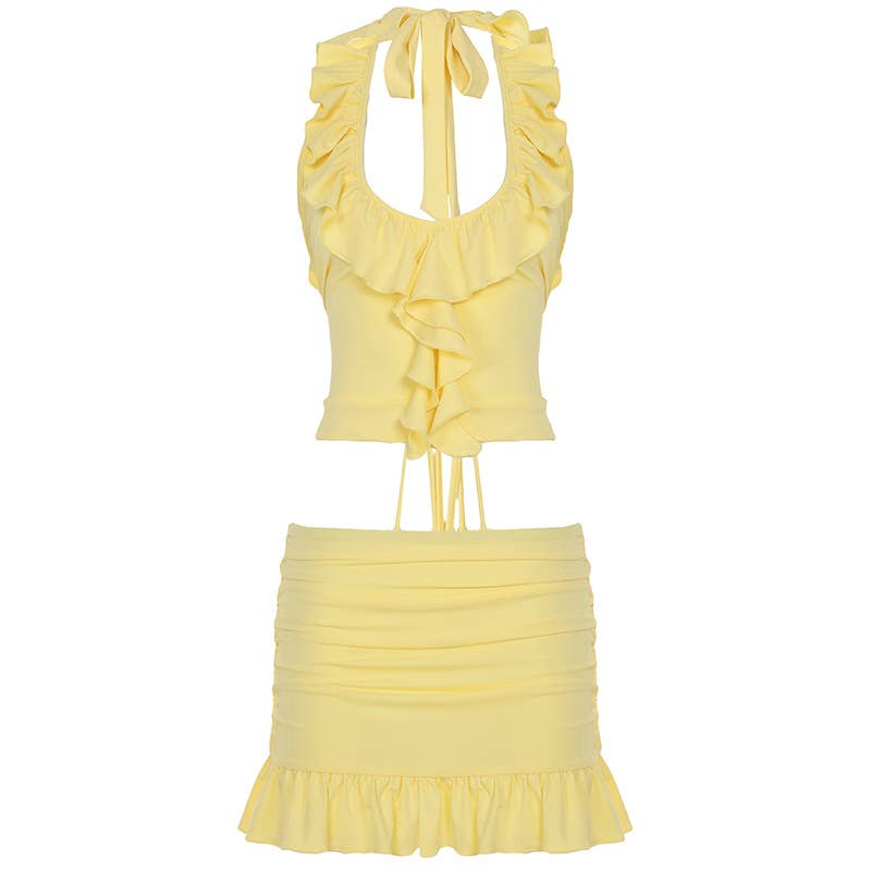 Ruffled halter top hip skirt two-piece set
