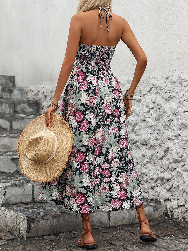 Play backless print high waist halter dress