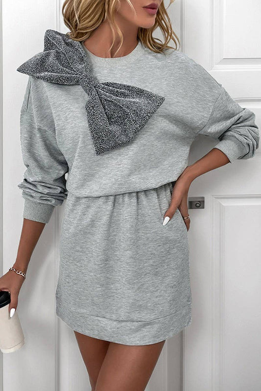 CWDSD6402_MID-LENGTH 3D BOW PARTY SWEATSHIRT DRESS
