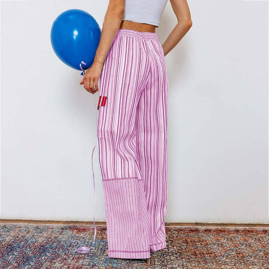 Plaid patchwork striped elastic-waist pants