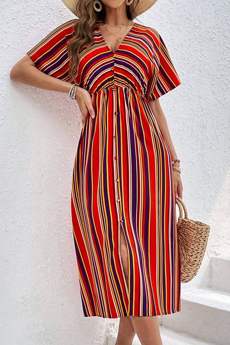 CWDMD4680_COLORFUL STRIPED V-NECK CASUAL HIGH WAIST DRESS
