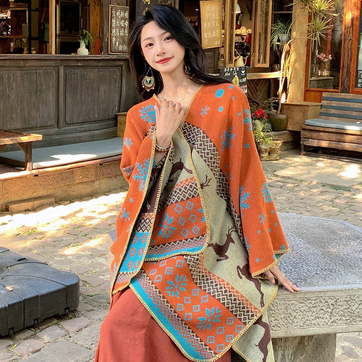 DOUBLE-SIDED PLAID FAUX CASHMERE SHAWL CAPE