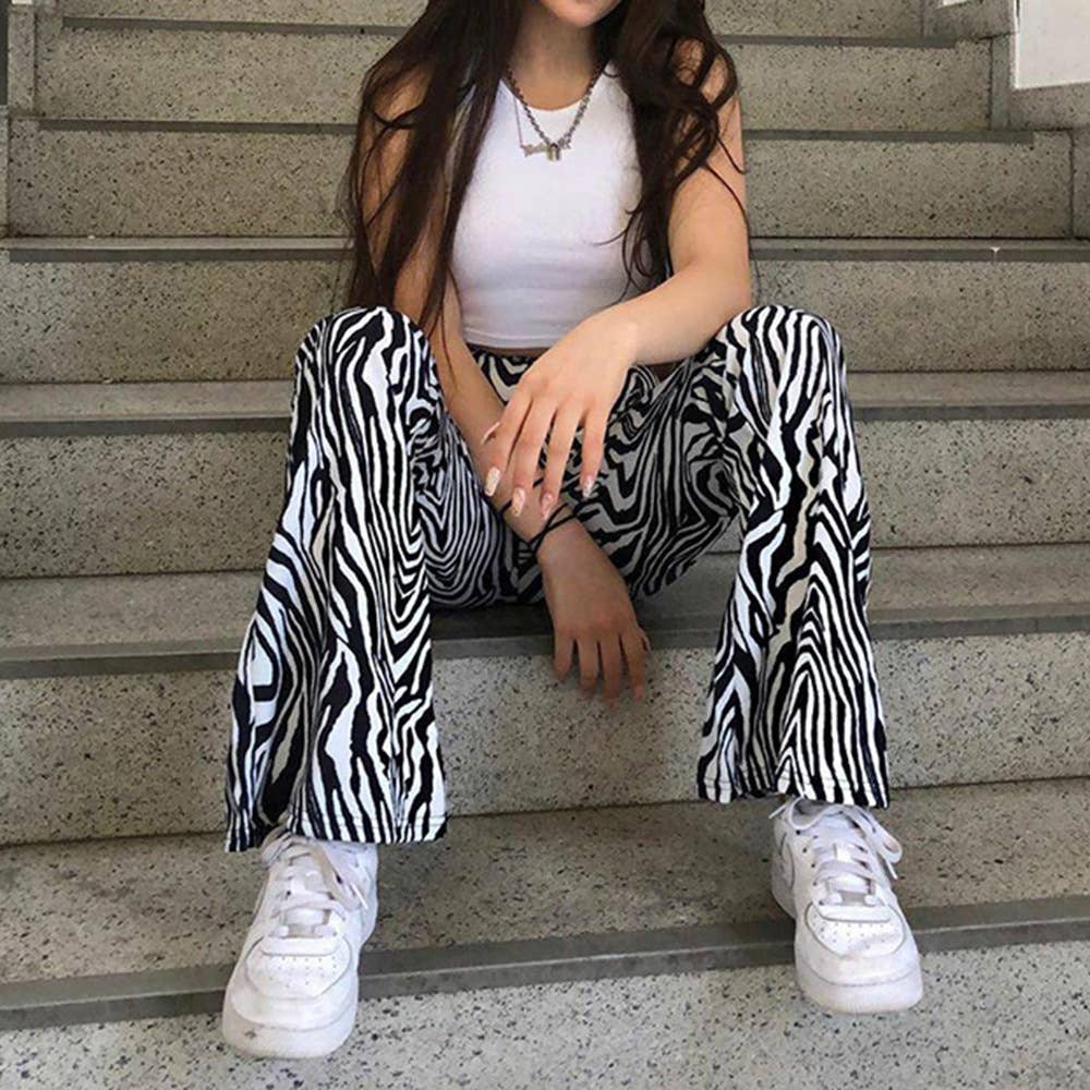 Elastic-waisted zebra-print stretch casual flares