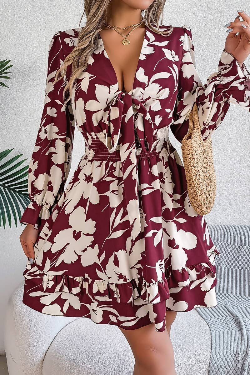 CWDSD6425_DEEP V FLORAL LACE-UP LONG-SLEEVED DRESS SHORT