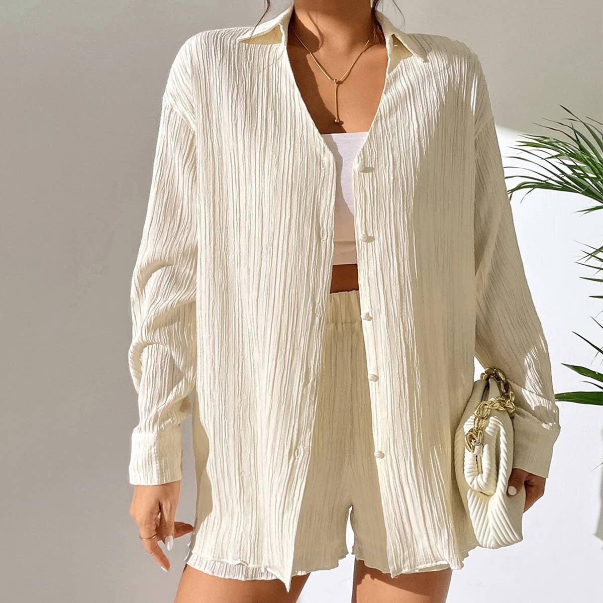 Pleated V-neck texture suit for women