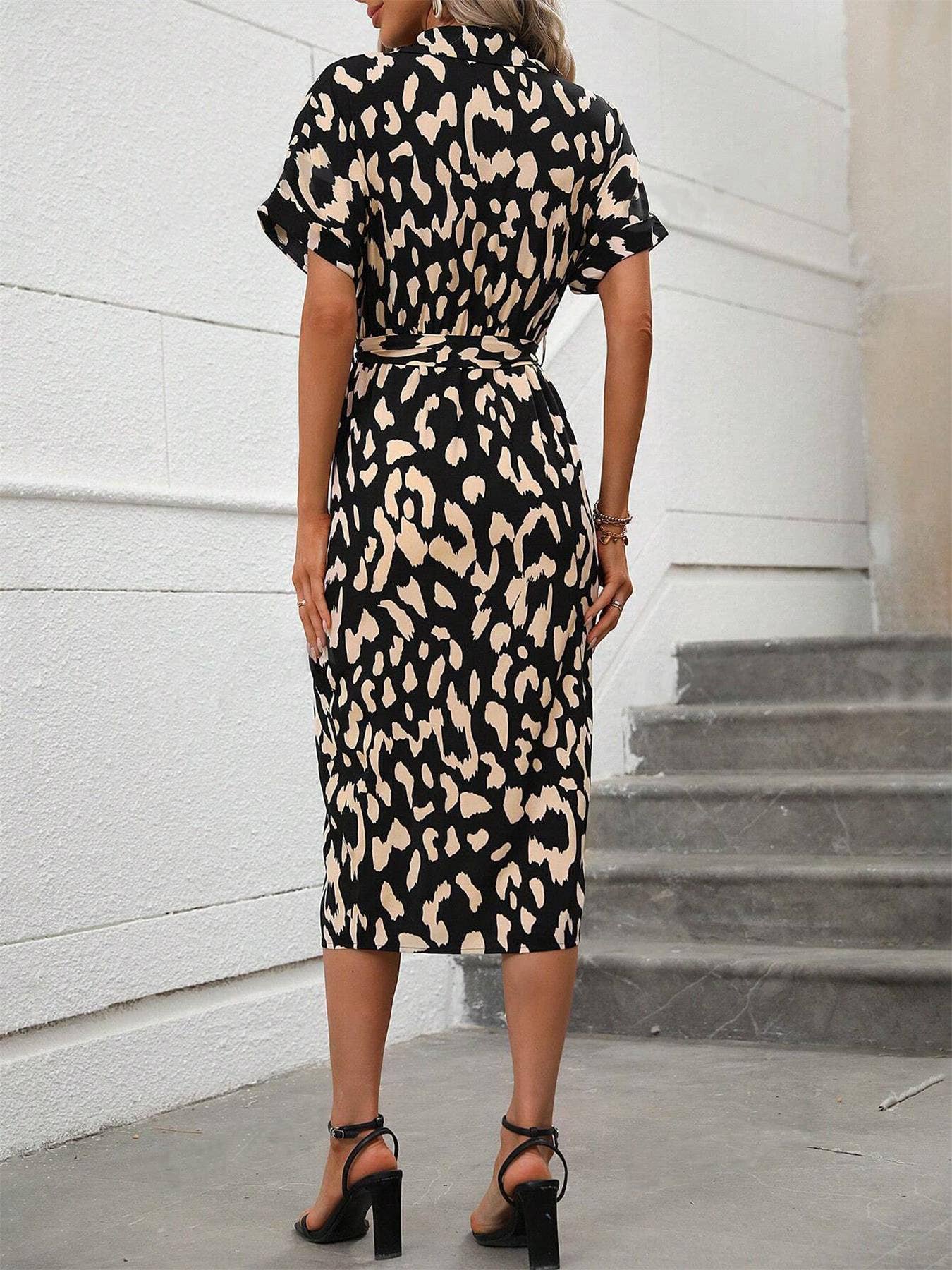 Print tie waist-cinching short-sleeved dress