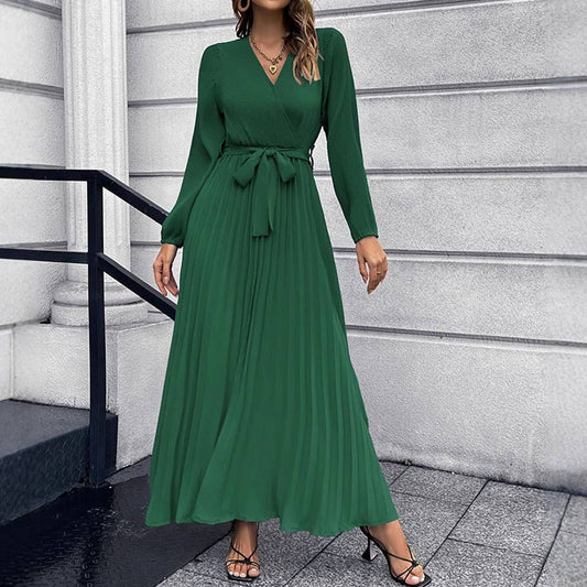 V Neck Long Sleeve Pleated Belted Midi Dress