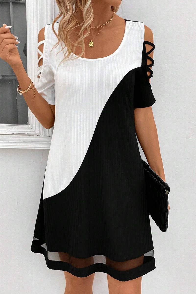 CWDSD7555_TEMPERAMENT COLOR MATCHING HOLLOW MESH DRESS