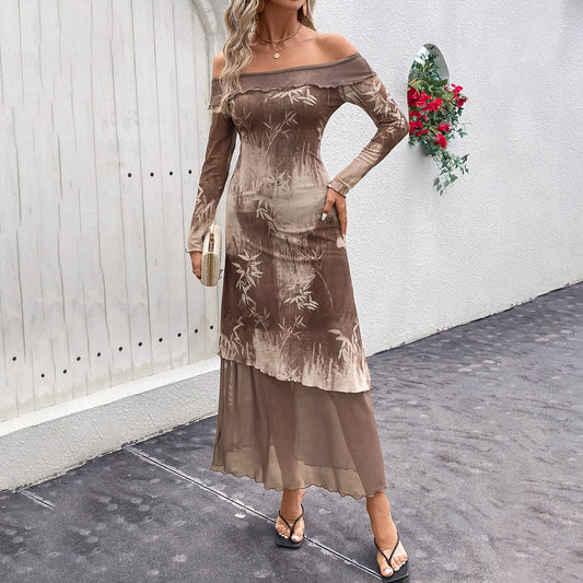 SHEER PRINTED ONE-SHOULDER STRETCH MESH DRESS