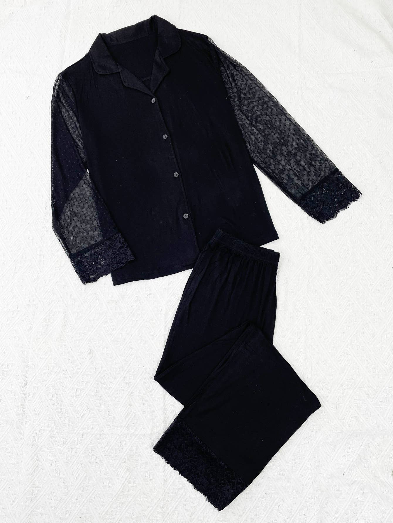 Mesh long-sleeved shirt long pants home wear set