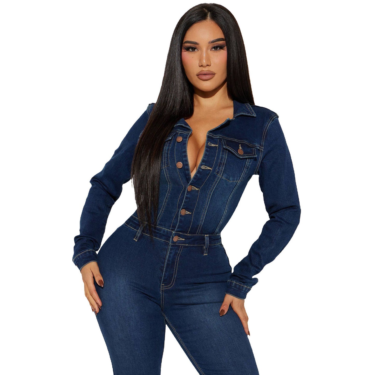 WASH LONG SLEEVE DENIM ROMPER JUMPSUIT