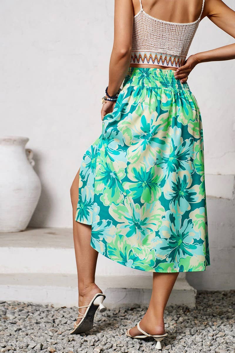 CWBMS0432_FLORAL RUCHED CASUAL SUMMER MIDI SKIRT