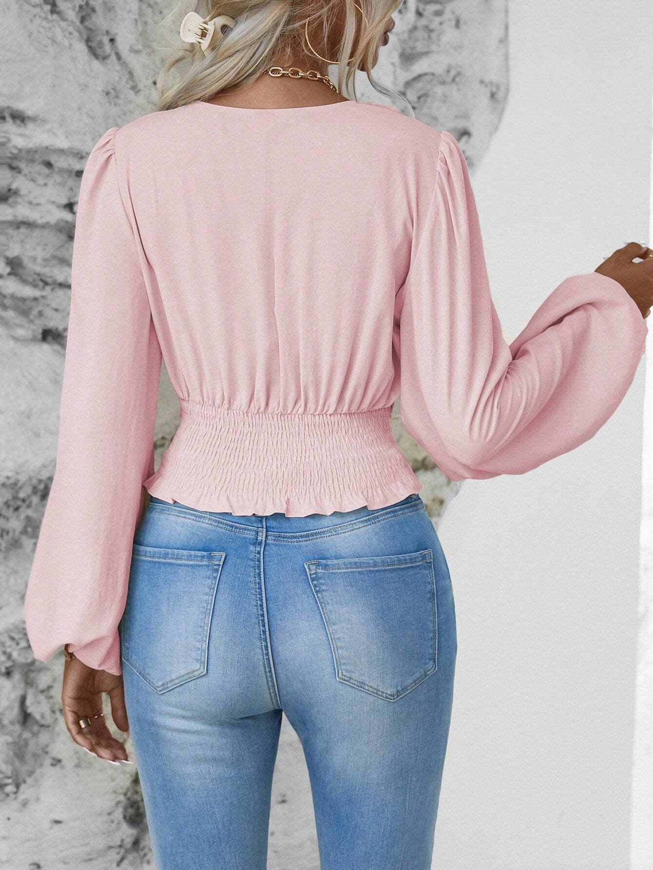 WAISTBAND V-NECK SLEEVED RUFFLED LONG-SLEEVED TOP
