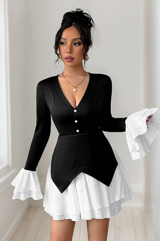 CWDSD8744_COLORBLOCK RUFFLE TRIM LONG SLEEVE DRESS