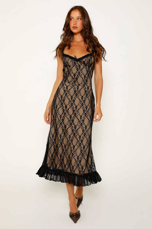 CWDMD5940_SEXY V-NECK LACE MESH SPLICED CAMI DRESS