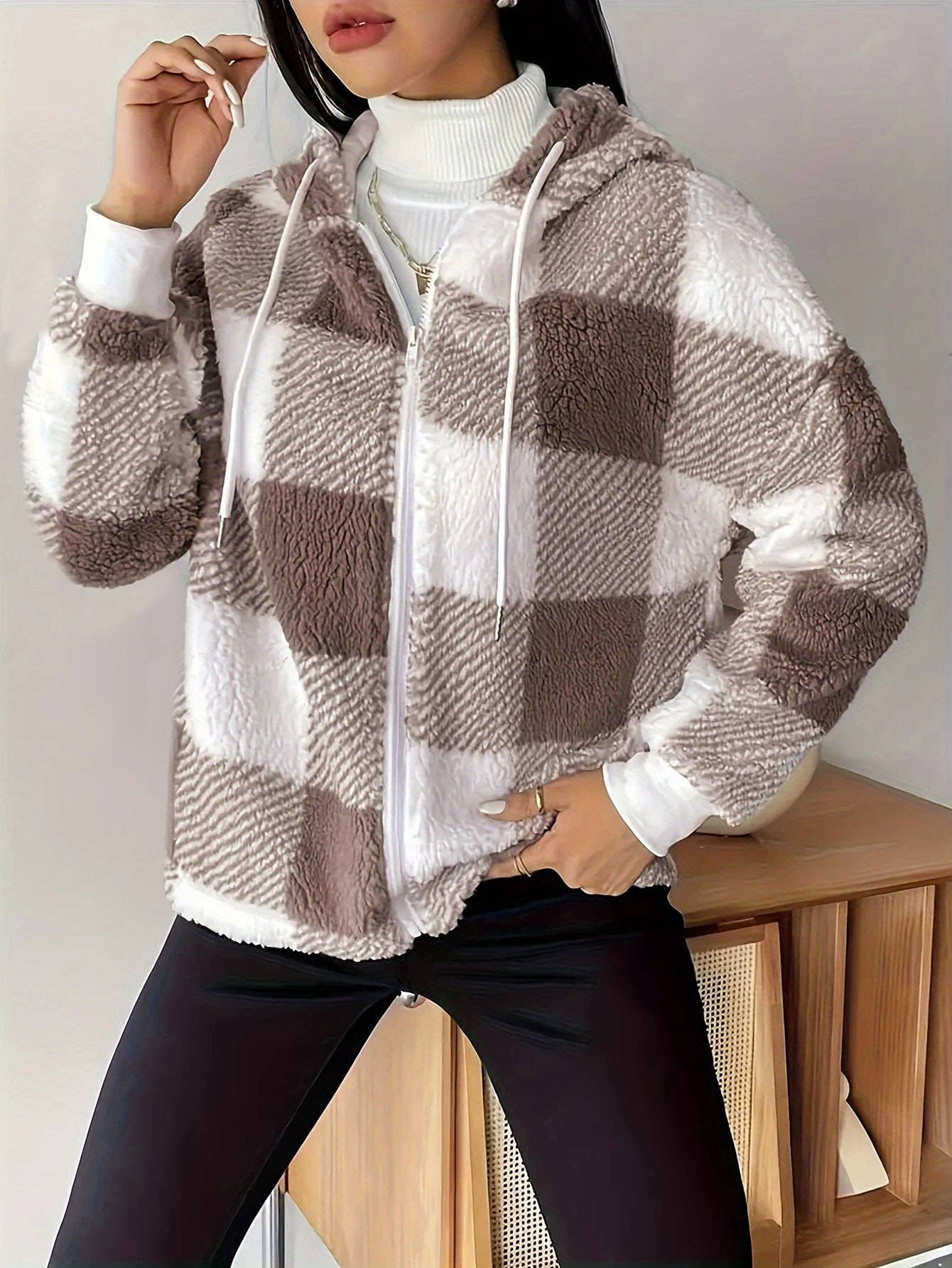 TEMPERAMENT PLAID LOOSE CASUAL HOODED CARDIGAN