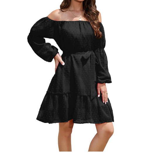 Loose one-shoulder hairball chiffon belt dress