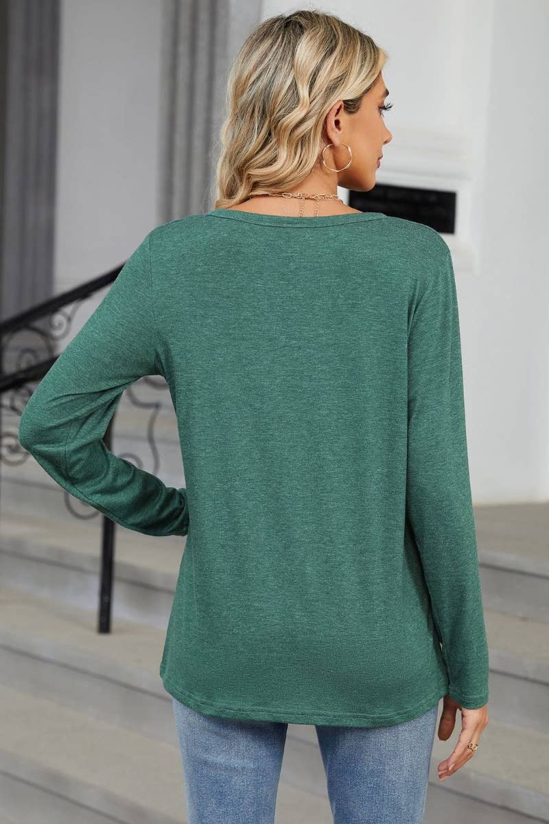 Cwtbll2861_Fall Solid Color V-Neck Long Sleeve Loose Top