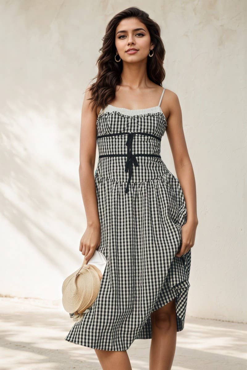 CWDMD6409_PLAID STRAPLESS RUCHED WAIST A-LINE DRESS