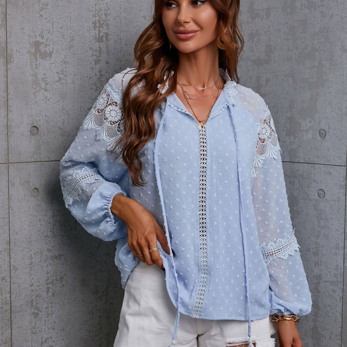 Lantern sleeve polka dot chiffon patchwork lace shirt