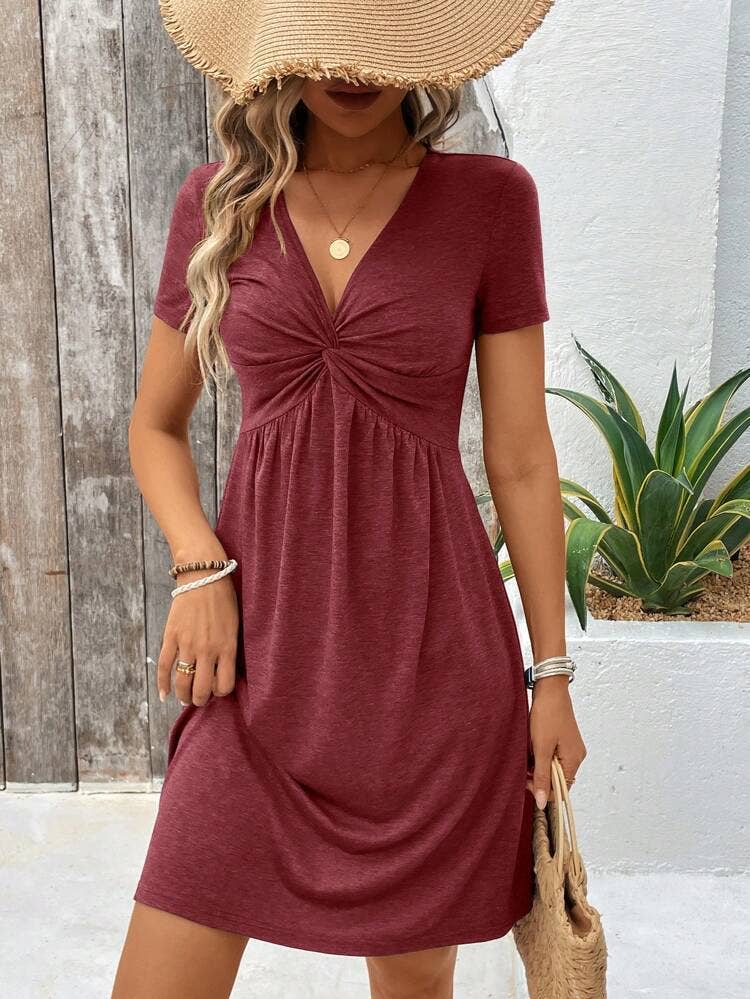 Twisted pleated chest cinched waist V-neck dress