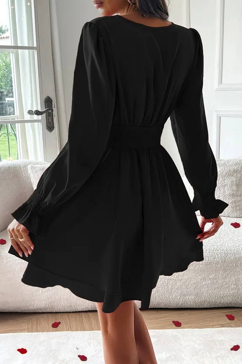 CWDSD8566_SOLID DOUBLE LAYER HEM V-NECK WAIST DRESS