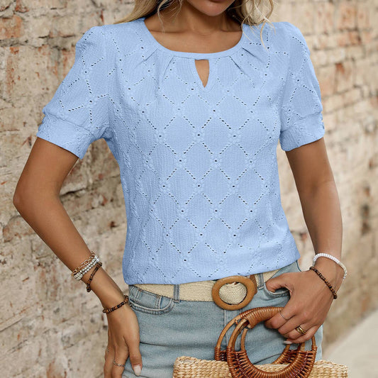 Solid color round neck cut-out button T-shirt