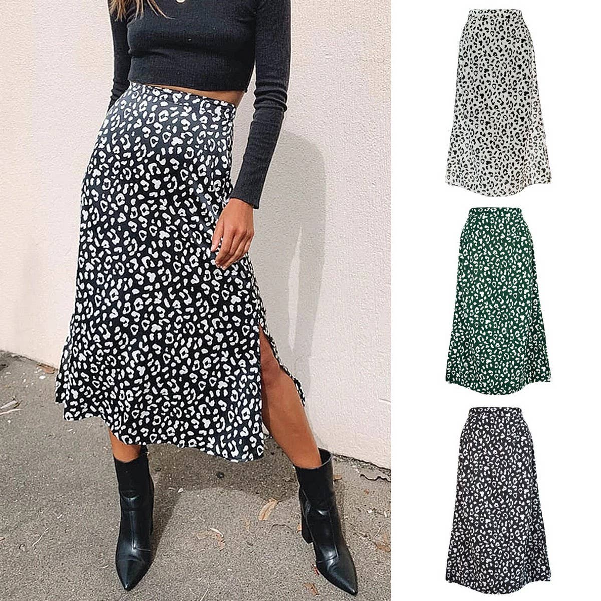 HIGH WAIST LEOPARD CHIFFON PRINT SLIT MIDI SKIRT