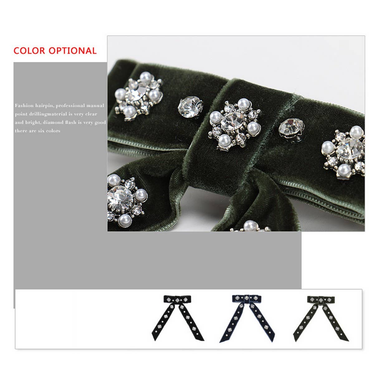 VELVET HAIRPIN FABRIC BOW RHINESTONE SPRING CLIP