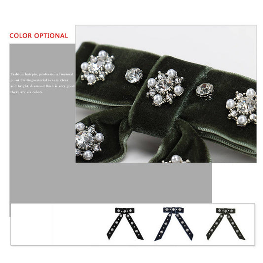 VELVET HAIRPIN FABRIC BOW RHINESTONE SPRING CLIP