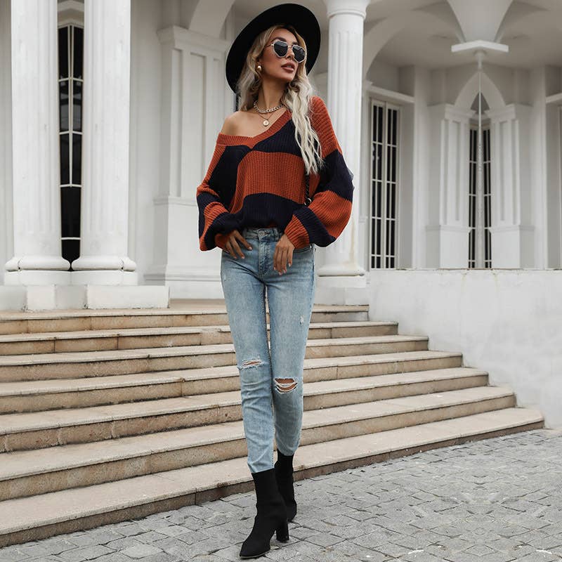 Trendy knitted color-blocked V-neck sweater