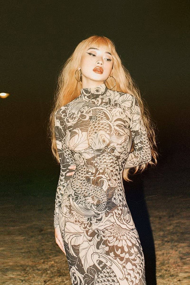 CWDMD6429_FASHION MESH SEE-THROUGH HIGH COLLAR SLIM DRESS_