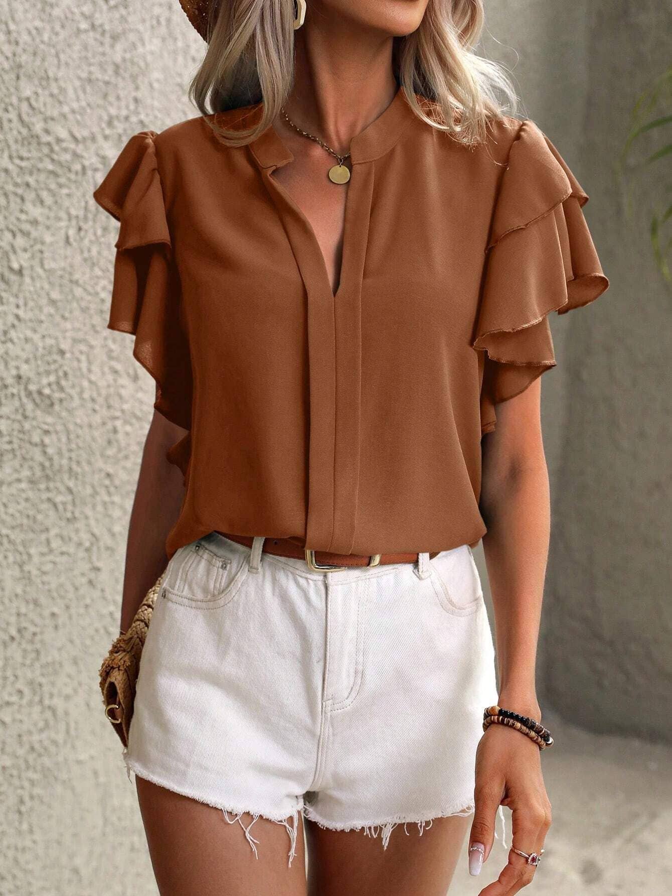 V-NECK CASUAL DOUBLE LAYER LOTUS SLEEVE BLOUSE