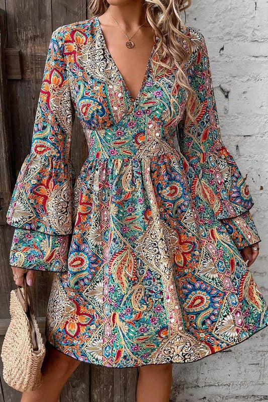 CWDSD6860_FLORAL PRINT V NECK BELL SLEEVE DRESS