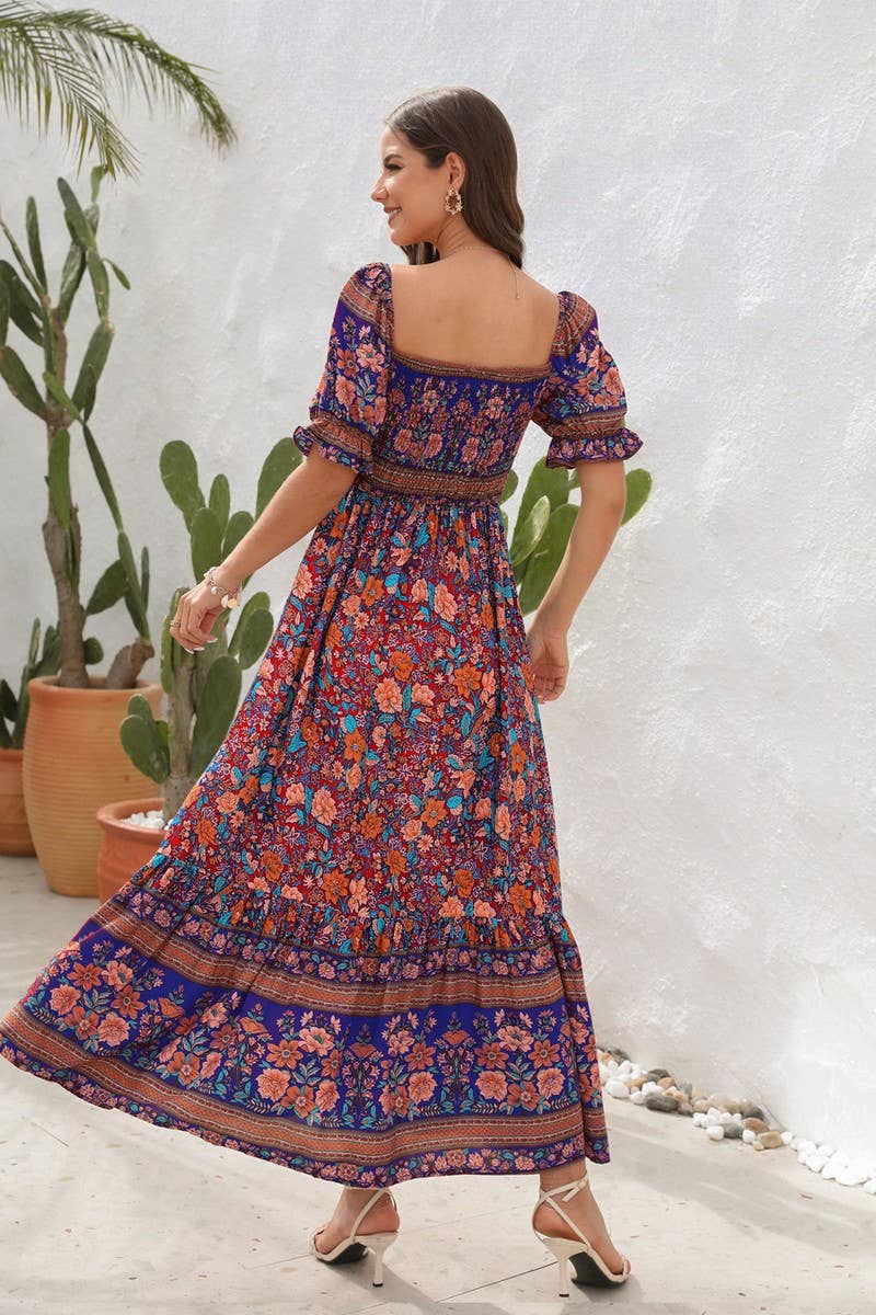 CWDMD2149_PRINTED ONE SHOULDER PUFF SLEEVE MIDI DRESS